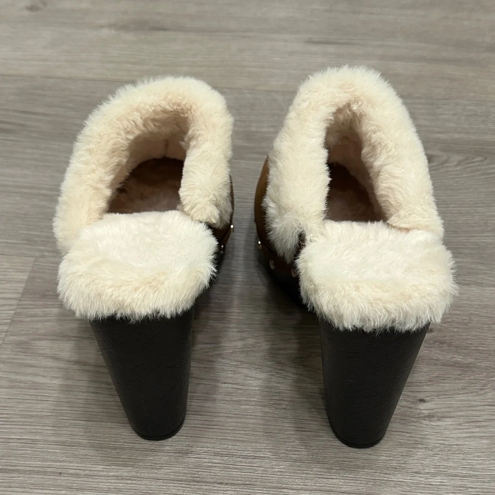NWOT BAMBOO Faux Fur Lined Heel Mules Cognac - Picture 4 of 6